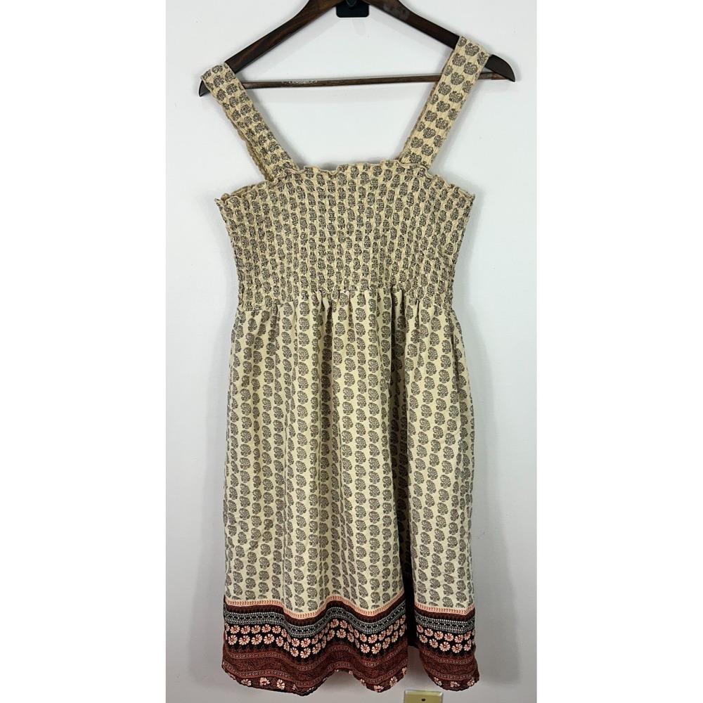 Boho Smocked Paisley Sundress Womens M Cream Black Block Print Mini Prairie